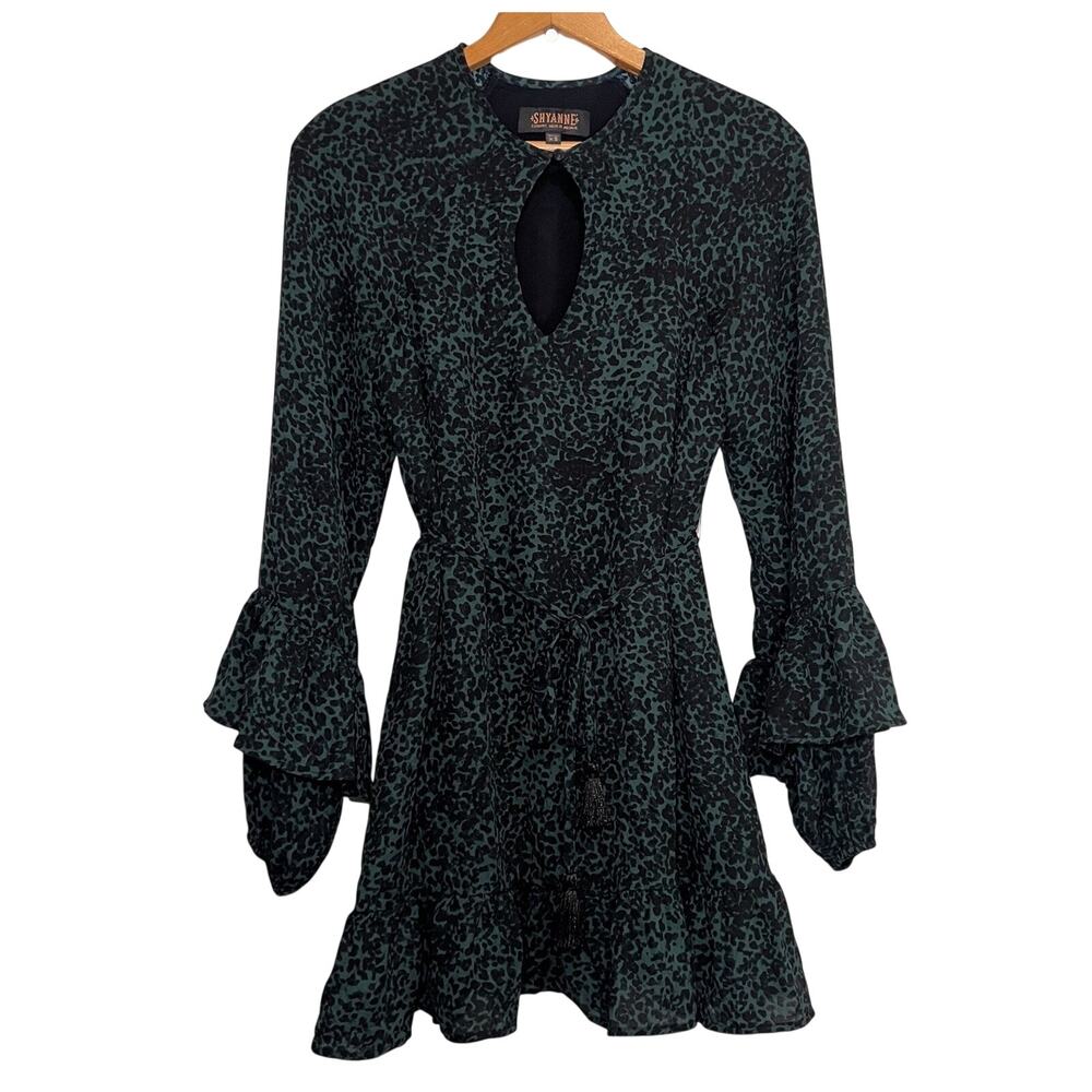 Shyanne Mini Dress Size XS Green Leopard Print Tassel Tie Waist Ruffle Sleeves